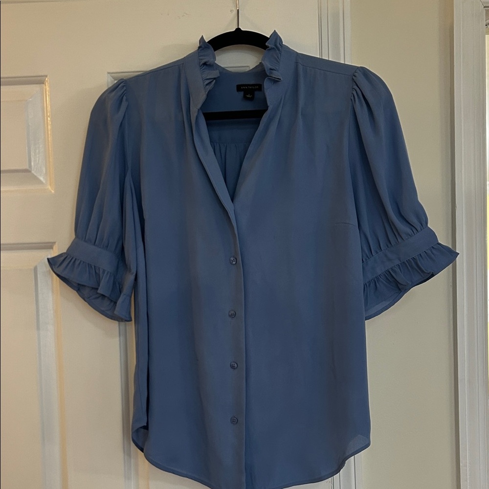 Ann Taylor Slate Blue Ruffle Sleeve Blouse